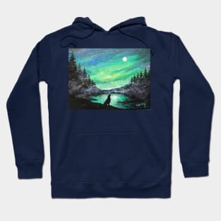 Aurora Borealis, Northern Moon and Arctic Wolf Hoodie